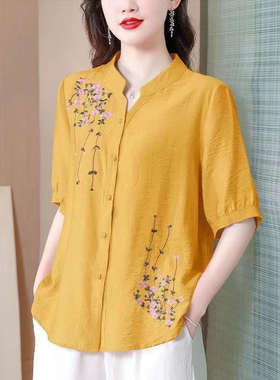 中年妈妈七分袖棉麻衬衫女士夏装2023新款大码宽松显瘦遮肚子上衣