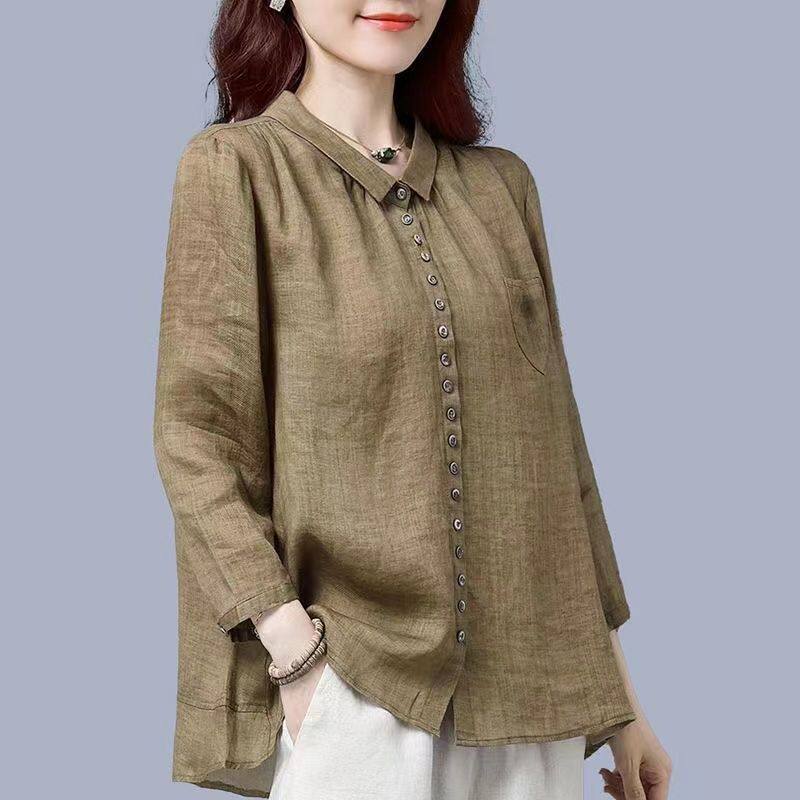 时尚翻领棉麻长袖衬衫女士春秋新款中年妈妈宽松大码洋气遮肚上衣