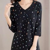 T恤女妈妈装 2025夏季 洋气宽松上衣 印花显瘦V领七分袖 小衫 新款 大码