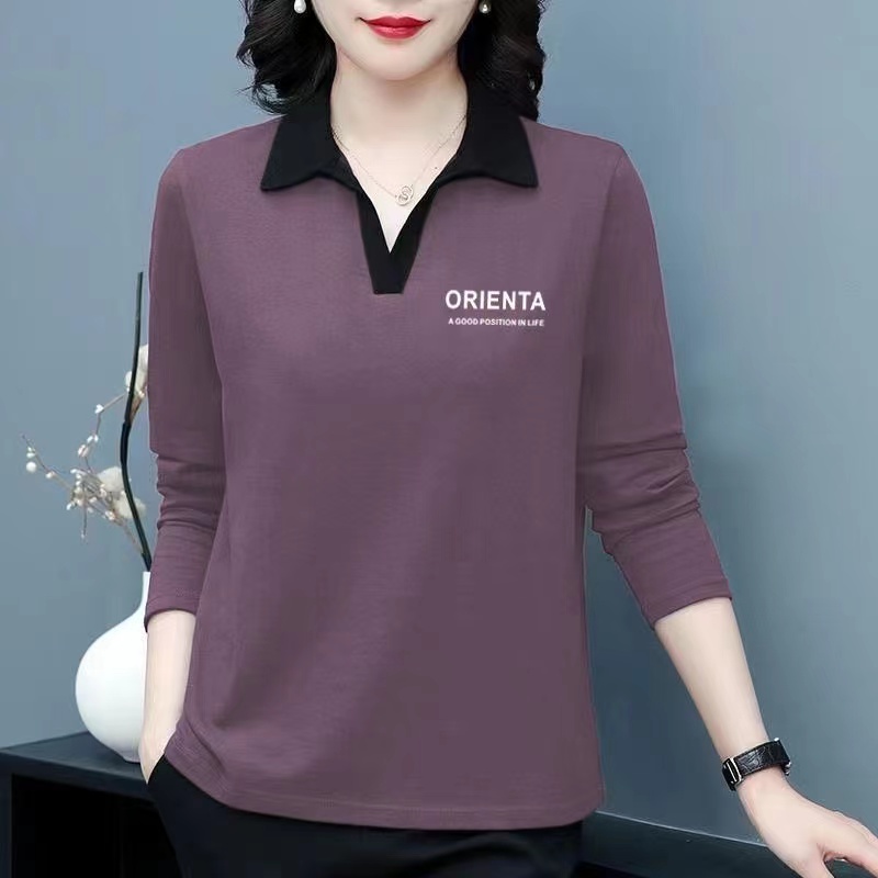 纯棉翻领长袖t恤女装2025春秋新款洋气妈妈polo衫大码上衣打底衫