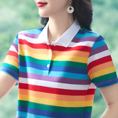 纯棉夏季 上衣 显瘦减龄polo衫 洋气条纹t恤女翻领新款 中年妈妈大码