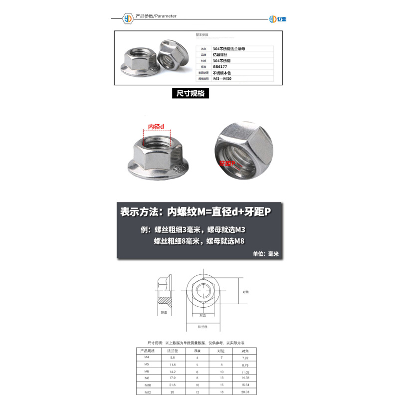。法兰螺母304不锈钢螺母六角防滑带垫螺丝帽防松螺帽M3M4M5M6M8M