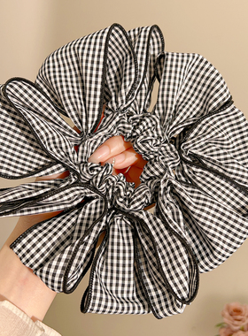 简约黑色花朵格子大肠发圈女韩系ins丸子头发绳头花扎发皮筋发饰