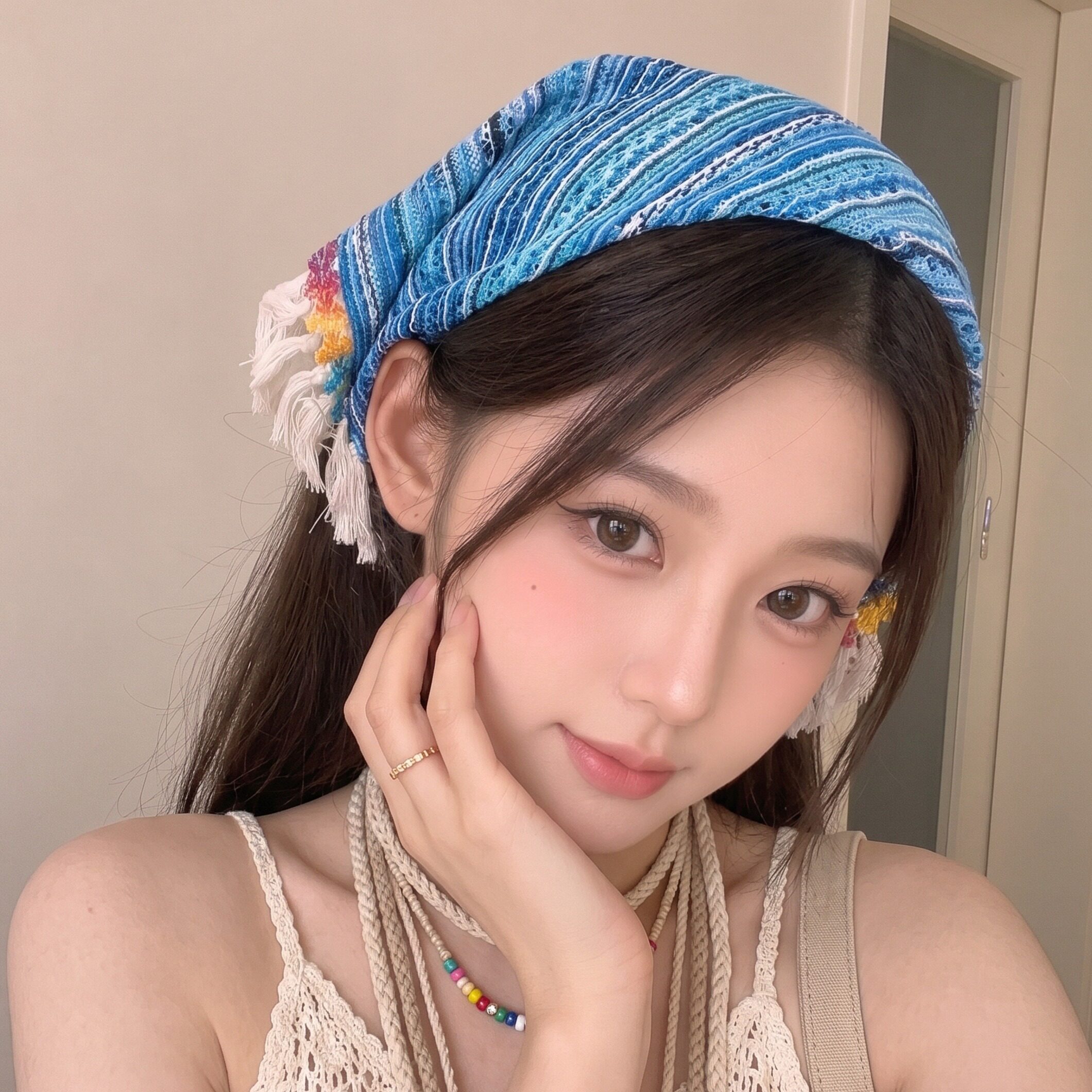 清爽蓝调三角流苏彩珠束腰头巾