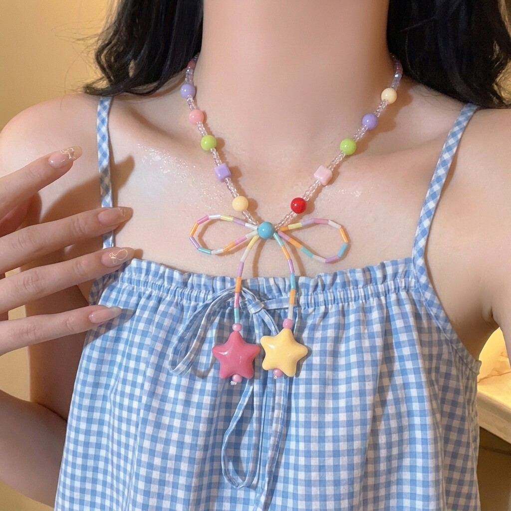 多巴胺撞色串珠项链软萌彩珠配色鲜活夏日搭配出彩少女元气感配饰