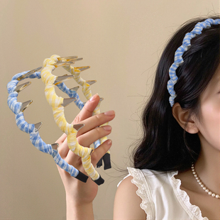 甜美黄色格子带齿发箍女高级感日常外戴头箍增高颅顶头饰洗脸发卡