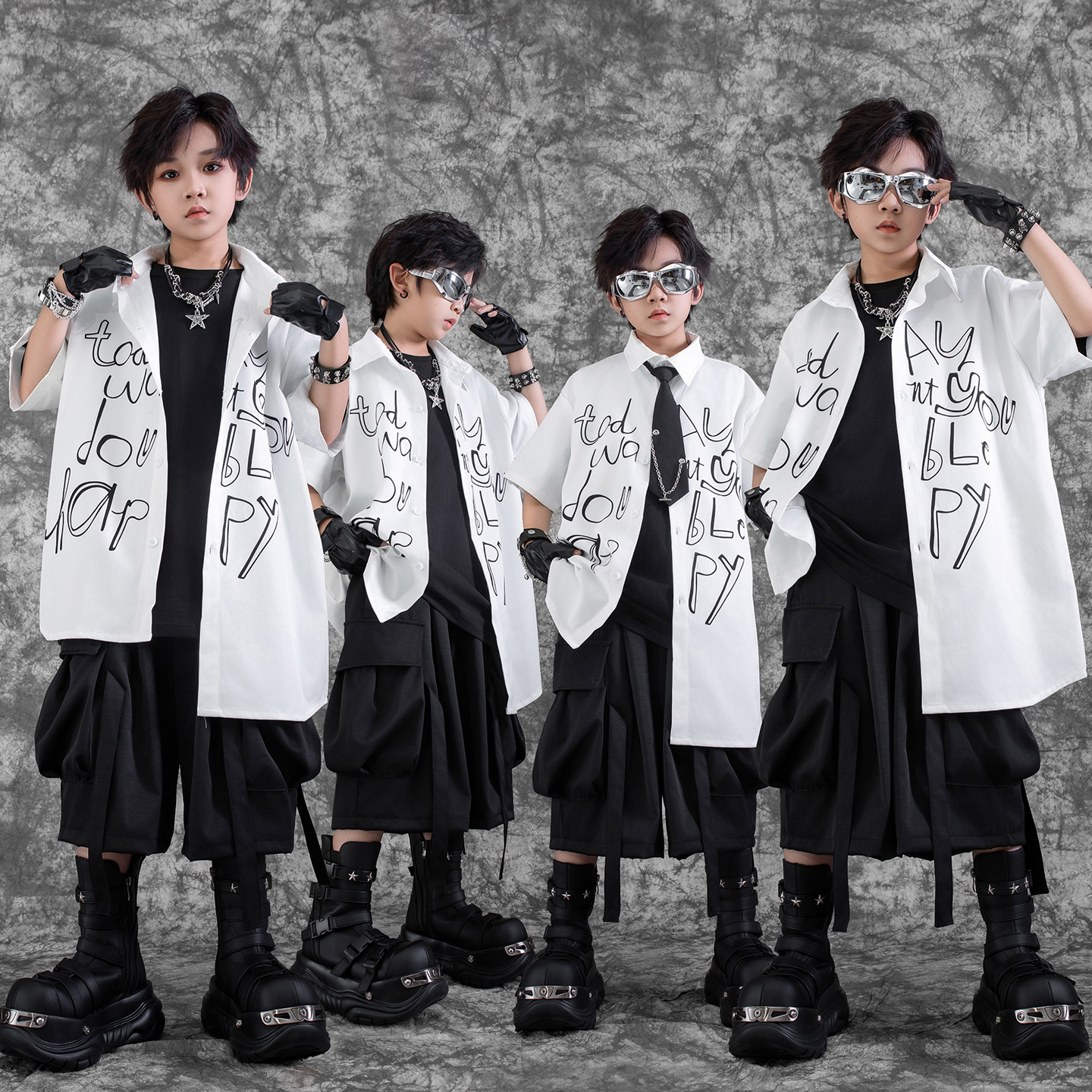 儿童街舞潮服男童个性字母宽松套装嘻哈少儿架子鼓演出炸街走秀潮