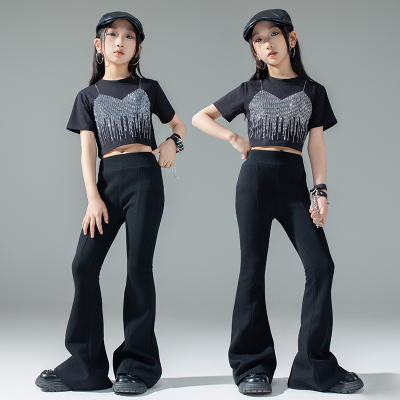 儿童爵士舞服装少儿街舞练功服女童模特走秀形体训练服瑜咖喇叭裤