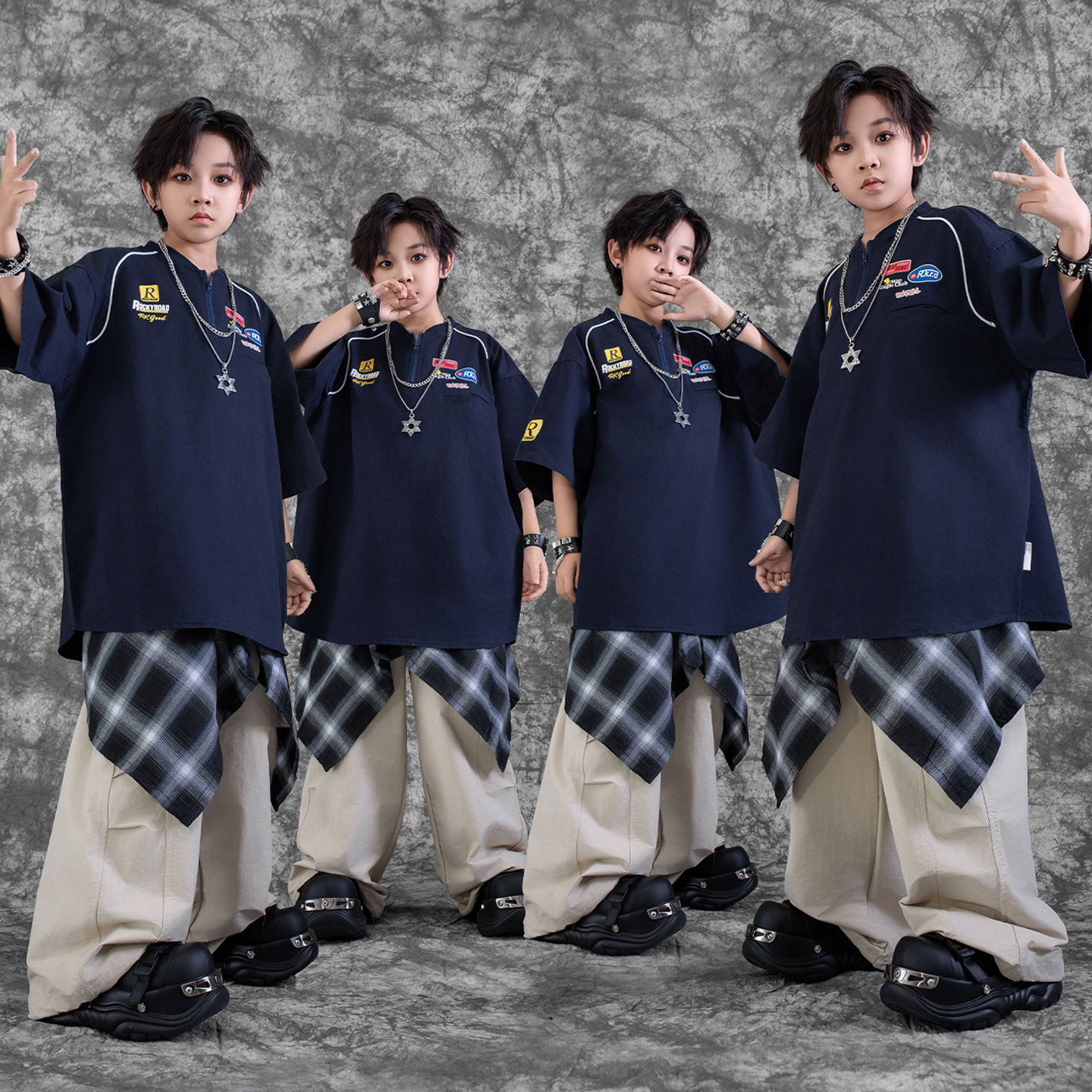 hiphop儿童街舞演出服嘻哈男童架子鼓表演服休闲宽松套装少儿走秀