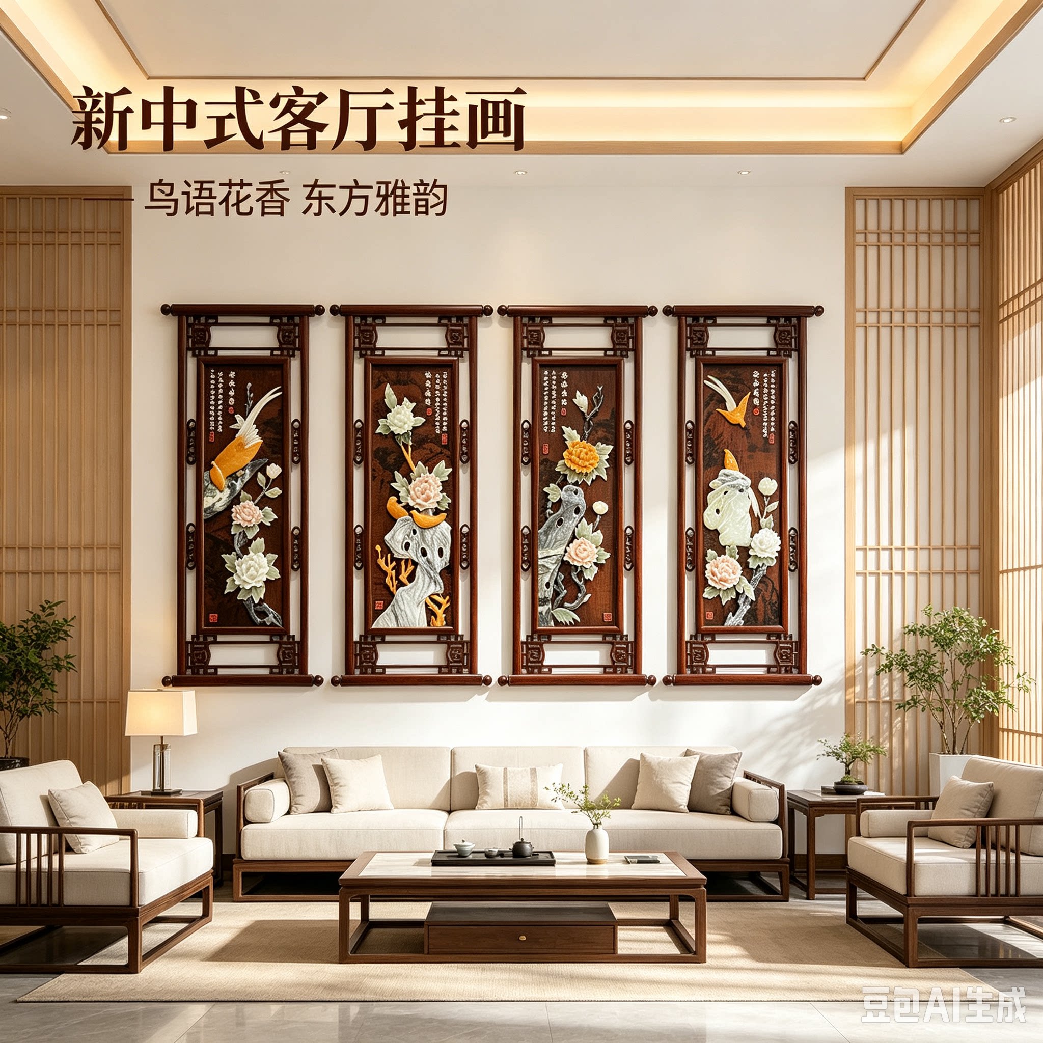 50*110cm新中式客厅四条屏装饰画沙发背景墙中堂浮雕玉雕书房挂画