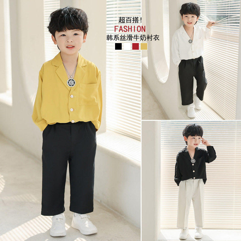 儿童韩版宽松衬衫裤子套装男女童夏季长袖防晒上衣翻领纯色丝滑衫