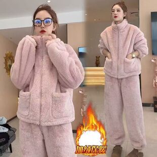 2025年新款珊瑚绒情侣睡衣女冬季加绒加厚保暖家居服宽松两件套装