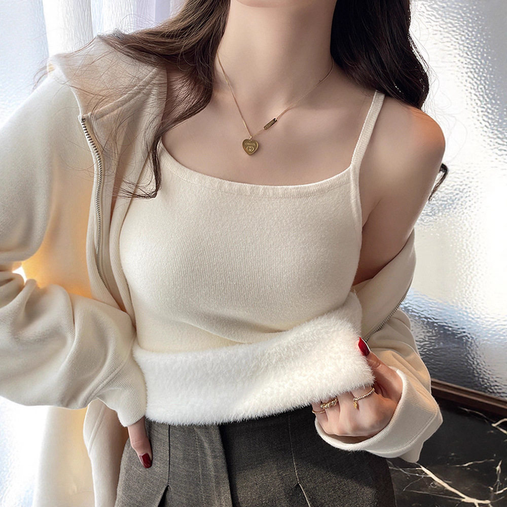 加绒加厚吊带小背心女秋冬内搭外穿一体绒新款白色无袖打底保暖上