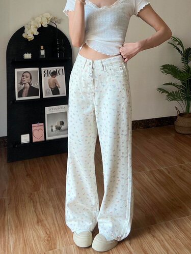 米白色kitty卡通猫碎花牛仔裤女春秋设计感直筒高腰阔腿梧桐裤子