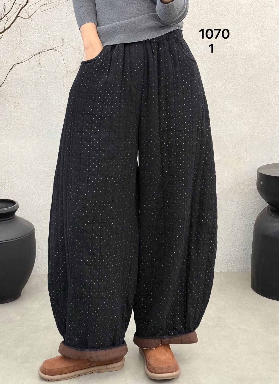 布愫&reg;冬季新款印花民族风保暖宽松加厚夹棉裤女大码版阔腿休闲裤