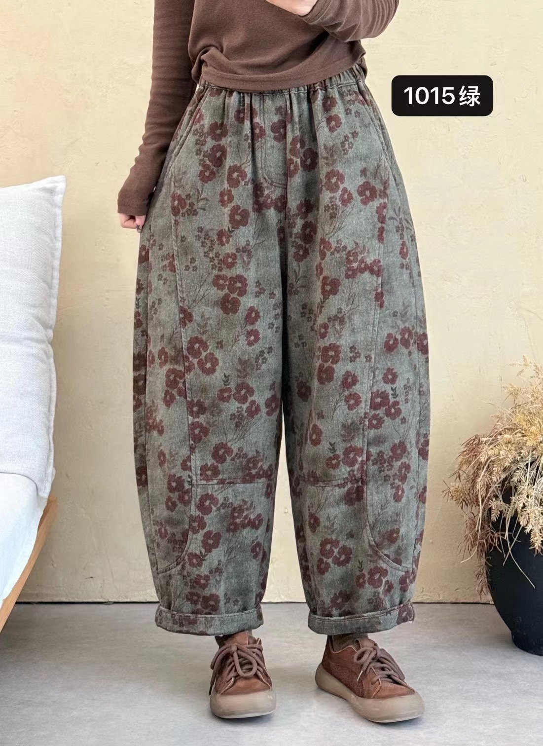 【布愫】秋季印花民族风大码宽松显瘦棉麻裤女阔腿弯刀哈伦休闲裤