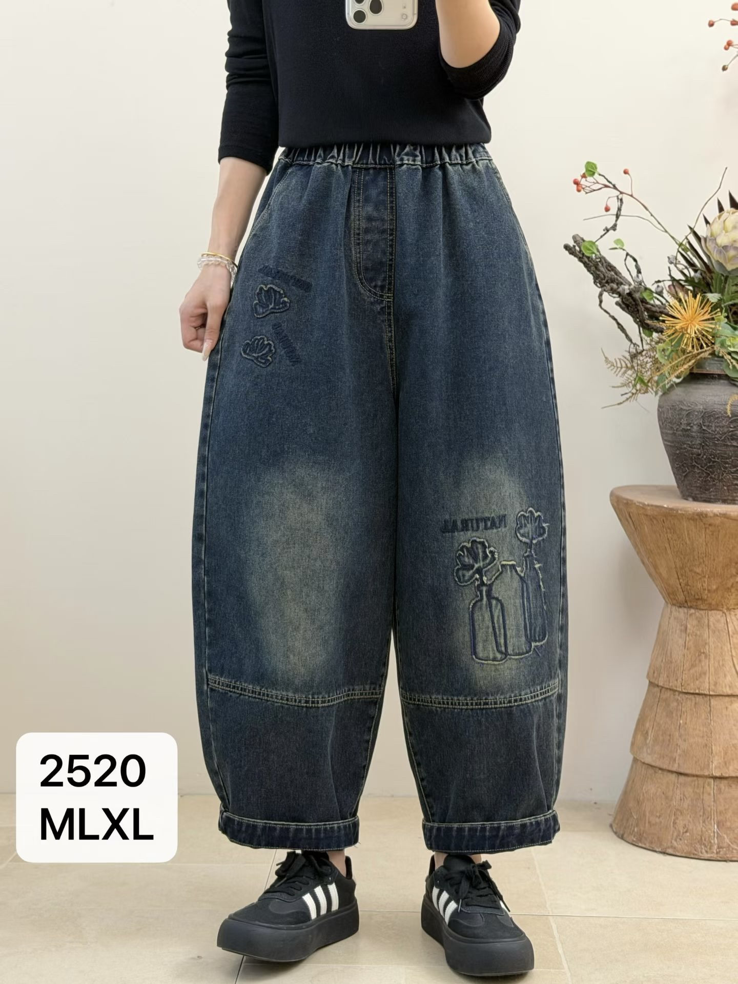 可可茄®2026秋季复古做旧小个子宽松直筒牛仔裤女大版弯刀阔腿裤图片
