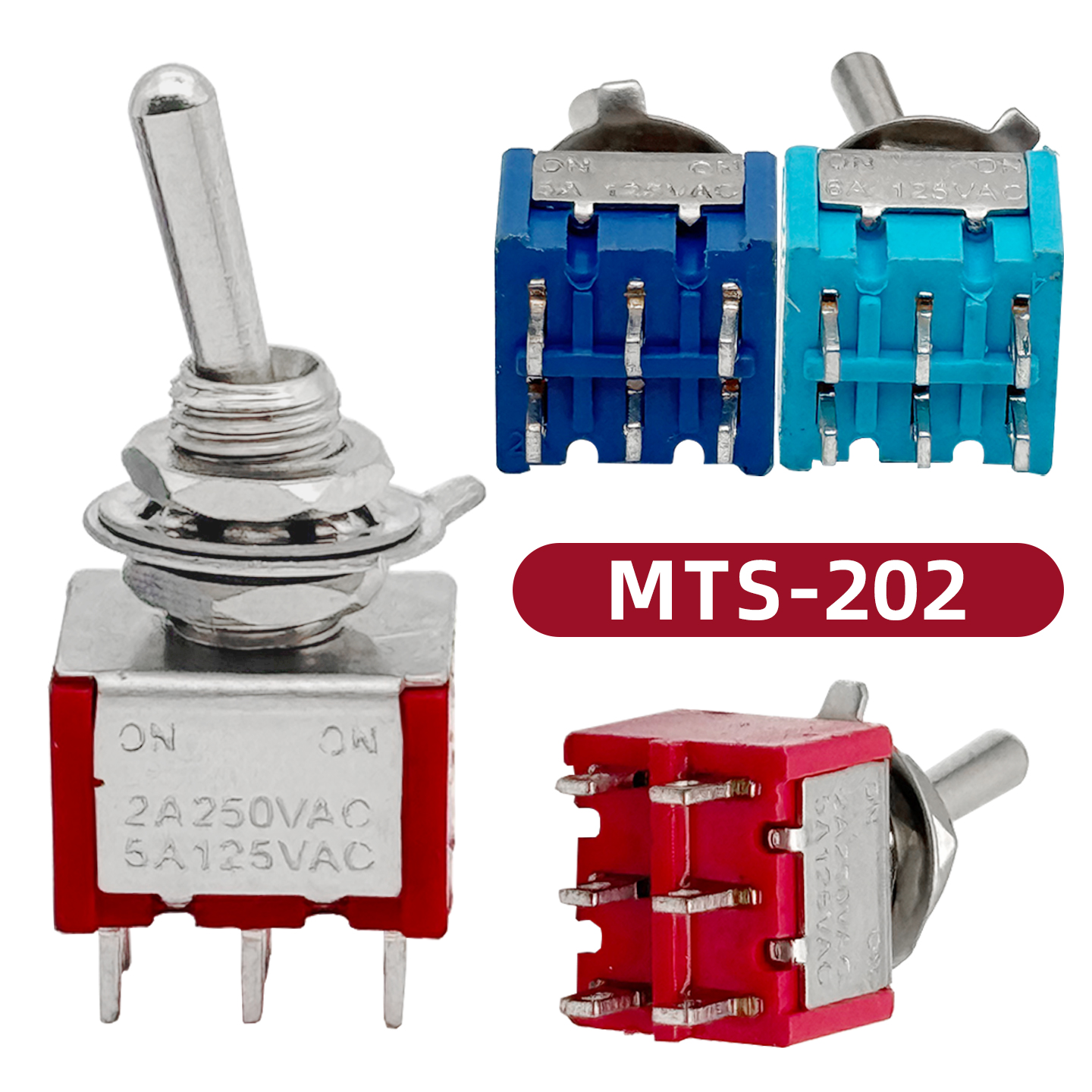MTS-202 红/蓝色钮子开关2档6脚 两档六脚摇头拨动开关