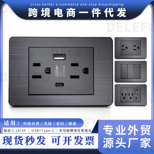 黑不锈钢美标TypeC快充USB入墙式