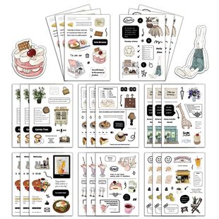 16张午后时光拼图贴纸韩系简约美食高级感英文小物件拼贴咕卡贴画