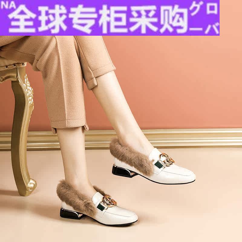 日本新款毛毛鞋女冬外穿兔毛真皮单鞋粗跟小皮鞋平底豆豆鞋加绒保