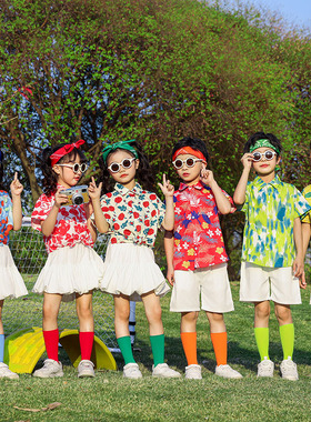 六一儿童啦啦队演出服幼儿园港风花衬衫短袖小学生运动会表演服夏