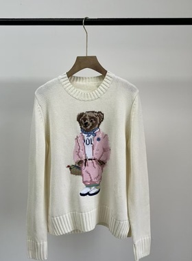 女装毛衣新款R*L纯棉美式学院风小熊重工刺绣白色熊