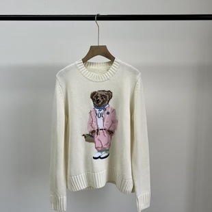 L纯棉美式 学院风小熊重工刺绣白色熊 毛衣新款 女装