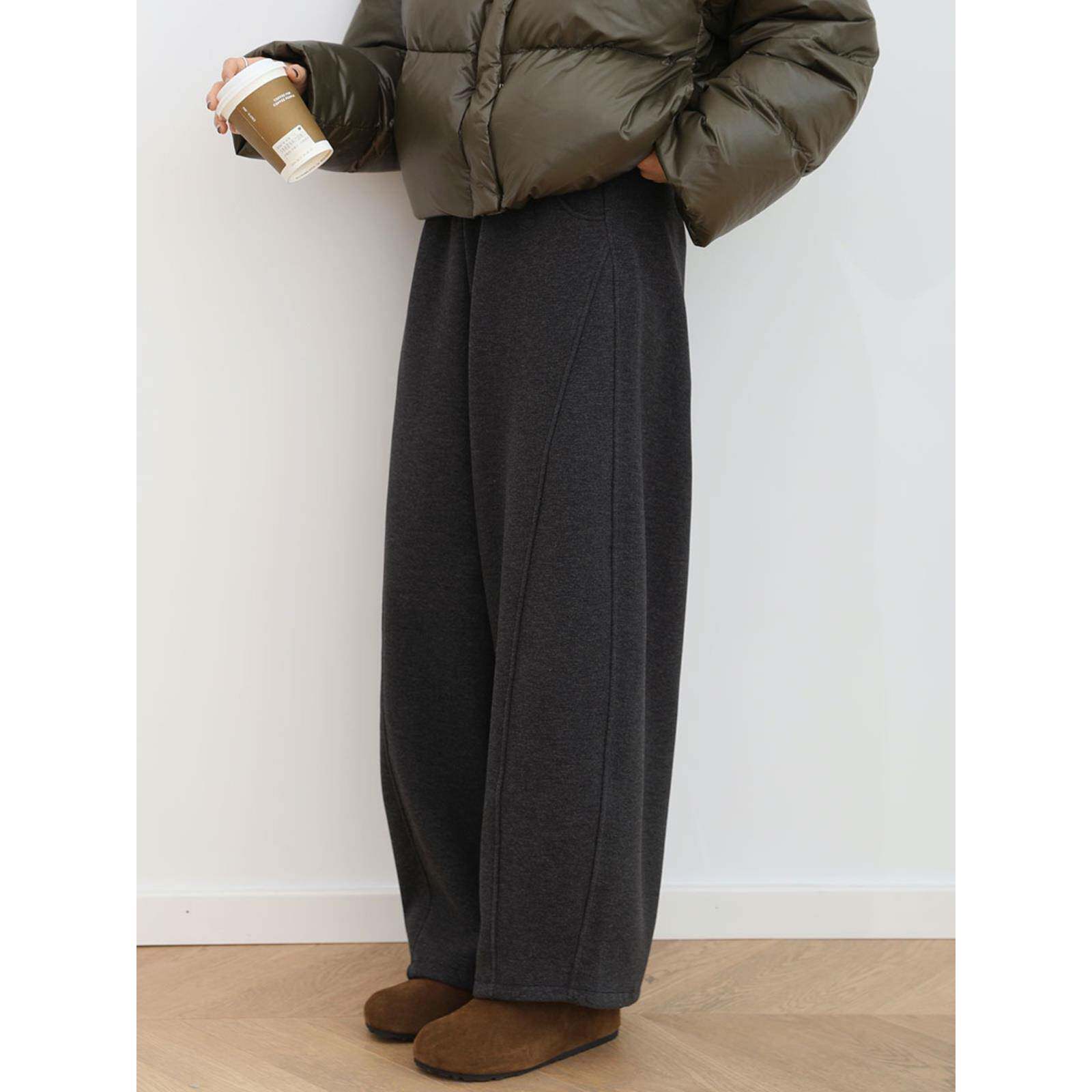 三木社 韩系加绒毛呢休闲裤女冬装新品加厚萝卜裤百搭裤子冬季