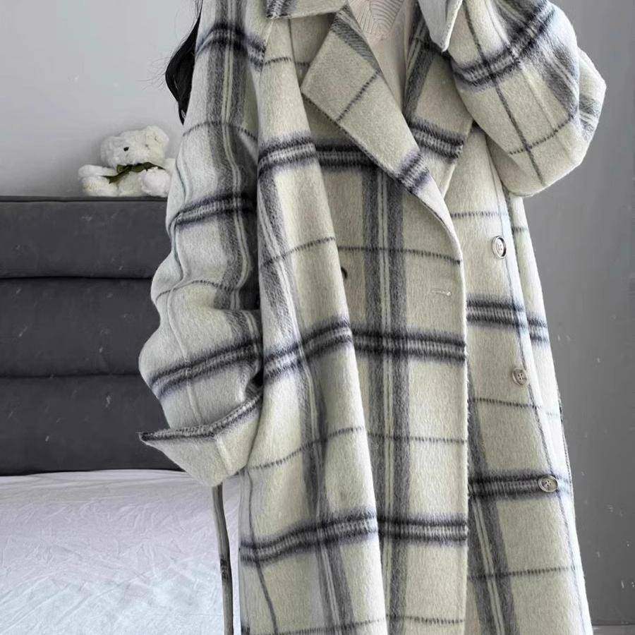 高级感格子毛呢大衣女中长版2025新款韩系秋冬小个子宽松呢子外套
