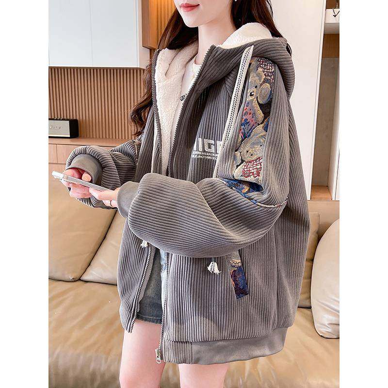 灯芯绒羊羔毛外套女秋冬季加绒加厚外套2025新款初高中学生棒球服