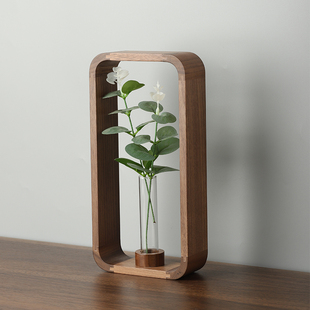 实木插花玻璃花瓶黑胡桃小花瓶装饰品室内水培植物容器客厅插花