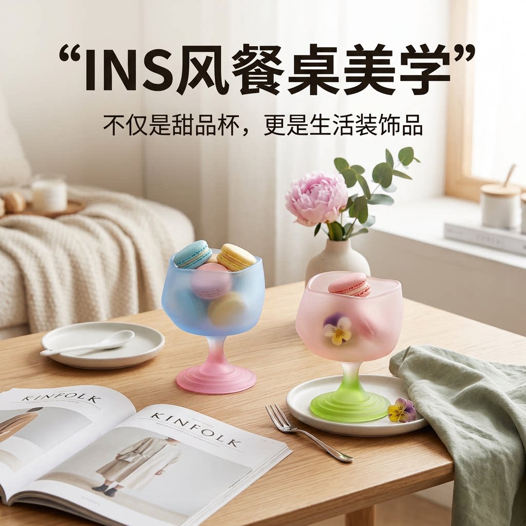ins风花朵高脚杯鸡尾酒杯彩色渐变甜品杯咖啡店创意玻璃杯装饰品