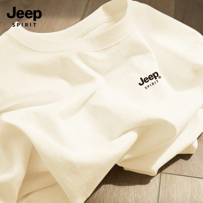 JEEP/吉普纯棉短袖T恤男士圆领白色休闲透气男装夏季运动体恤打底