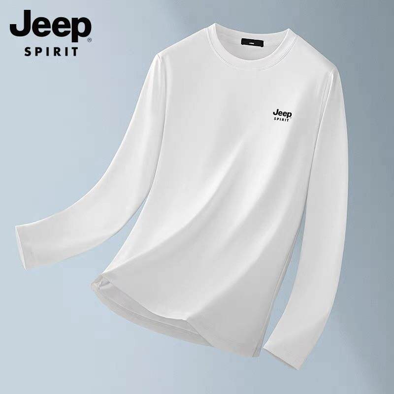 JEEP吉普白色纯棉打底衫男2025秋季新款宽松圆领男士内搭长袖t恤R