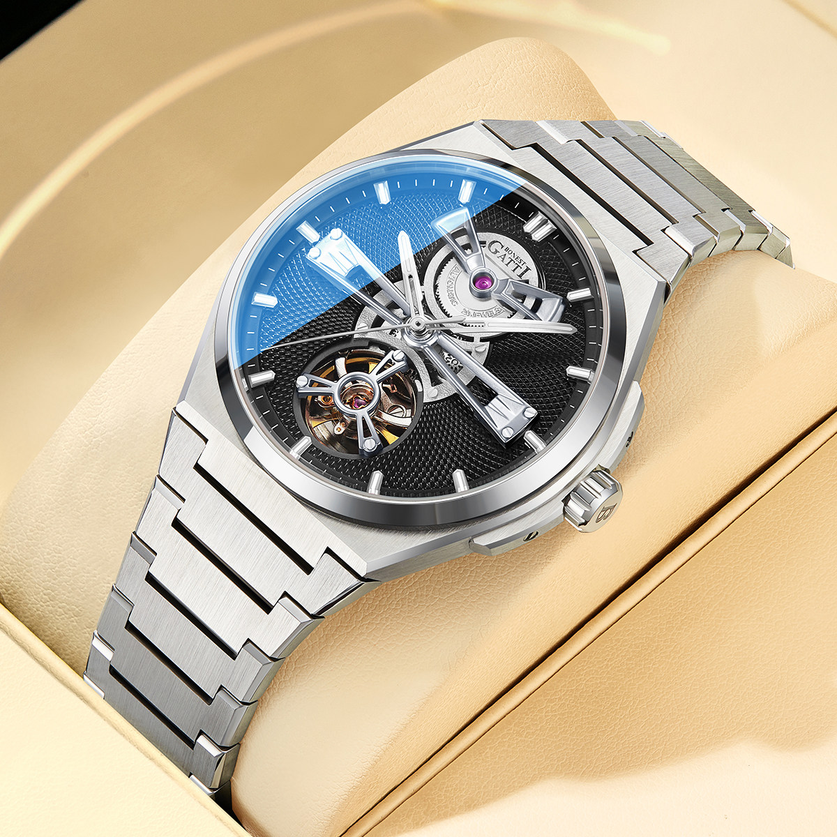 德国名表布加迪新款男士全自动商务机械手表精钢蝴蝶扣表壳官方