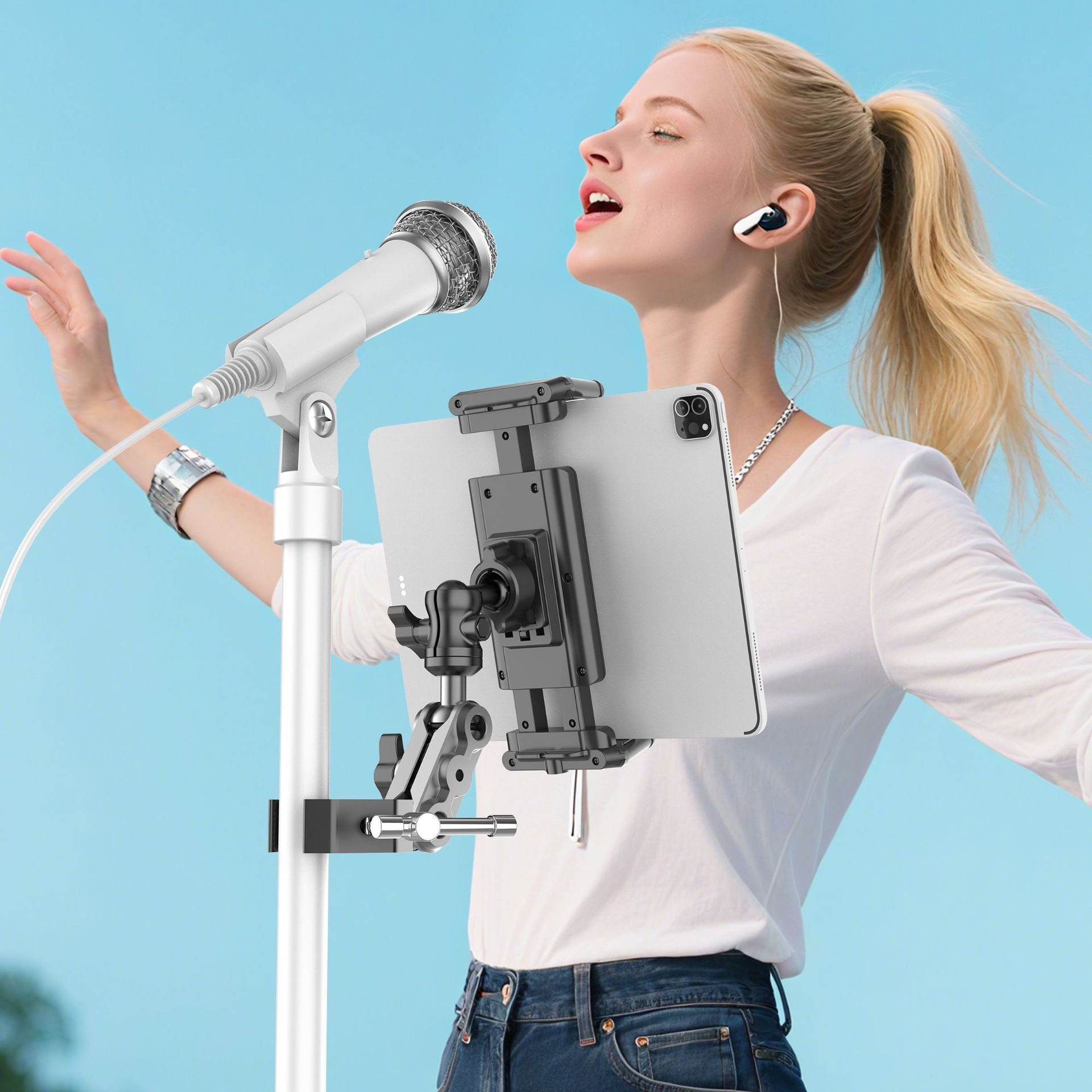 桌面落地式麦克风支架横杆管扩展增机位双手机直播夹平板电脑字幕