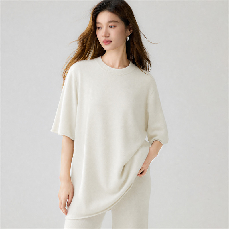山羊绒慵懒风圆领短袖女针织衫