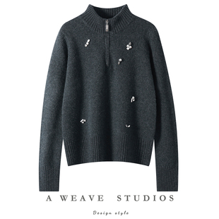 优雅绽放！半高领山羊绒衫女套头毛衣短款加厚半拉链带钻打底套衫