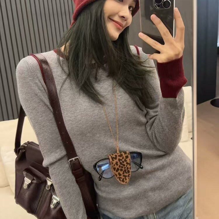 穿上就破防~圆领假两件山羊绒衫女撞色毛衣短款修身长袖打底套衫