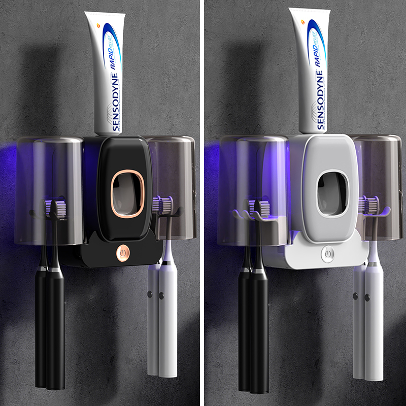 智能牙刷消毒器双人紫外线杀菌免打孔壁挂式挤牙膏器牙杯置物架子