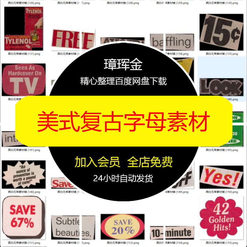 波普报纸拼贴美式促销PNG字母标签免扣图案蒸汽复古手账素材xv04