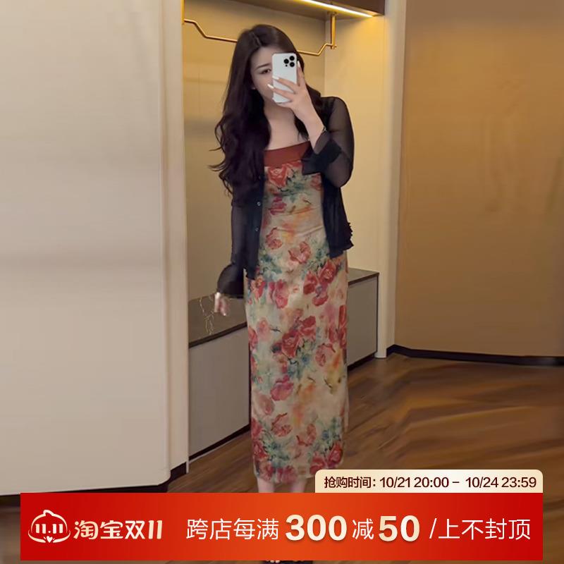 花菜大码胖mm显瘦复古旗袍吊带连衣裙夏季开衫套装藏肉新中式女装