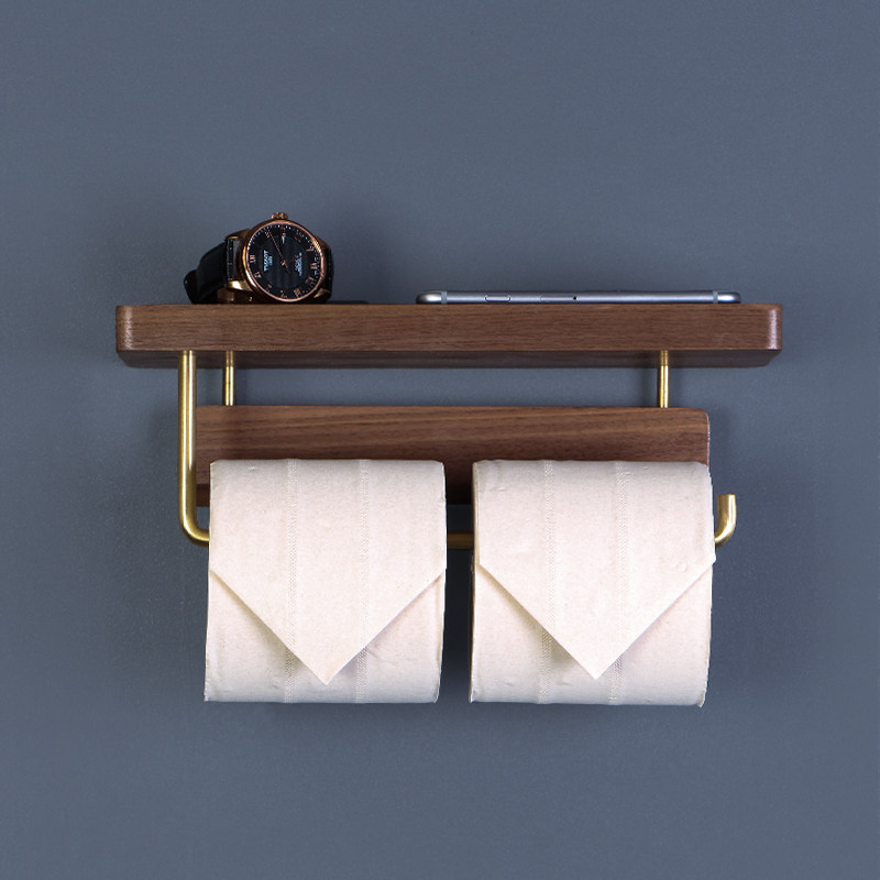 实木免打孔日式厕所黑胡桃卷纸架