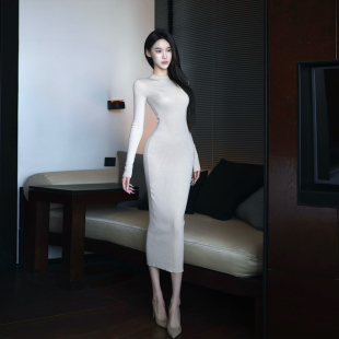 YUANZI元子【肌肤之花】提花镂空毛织亲肤打底细闪包臀连衣裙长裙