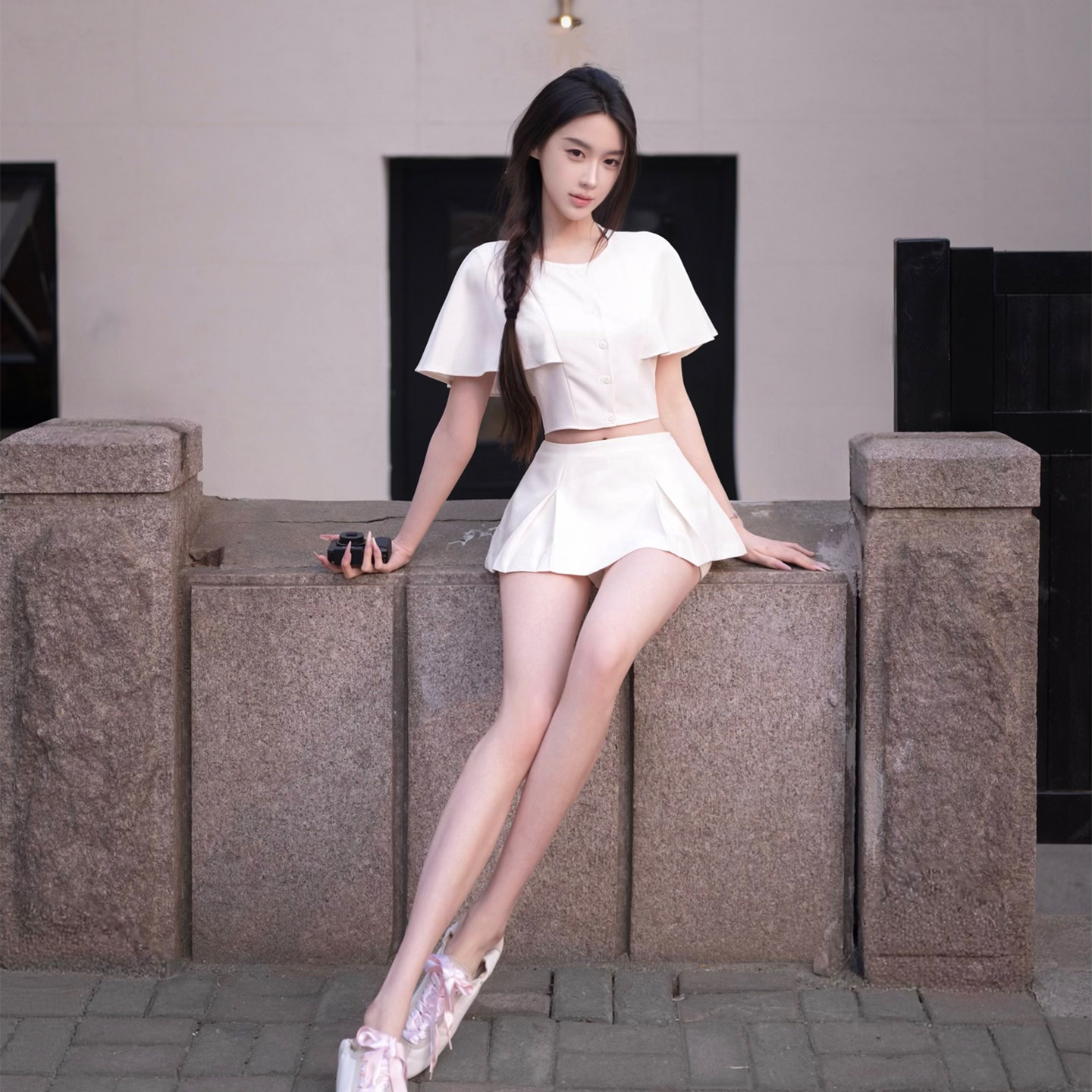 YUANZI元子【素白月桂】梭织斗篷排扣短款设计感上衣半裙套装