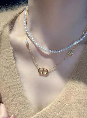2025新款珍珠双层项链女轻奢锁骨链CD字母星星吊坠气质百搭项饰款