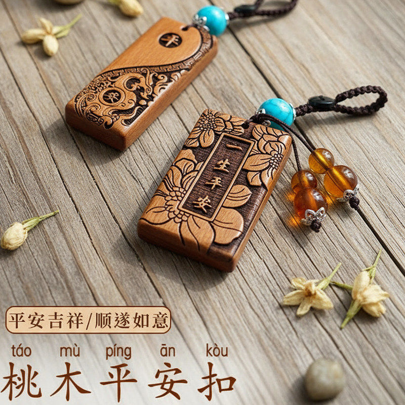 父亲节礼物送男士生日爸爸老公中年长辈桃木汽车钥匙平安扣牌挂坠