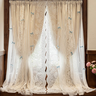 窗帘卧室高级感2026新款多巴胺法式遮光小窗户田园风蕾丝双层带纱