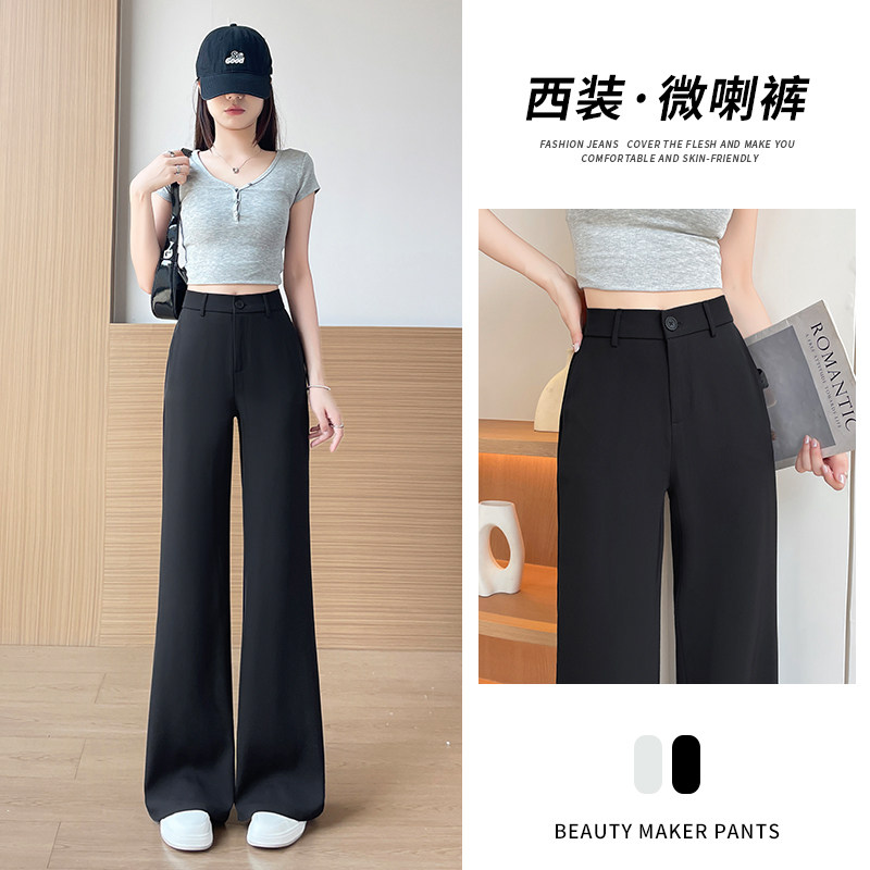 夏季薄款高腰微喇黑色西装裤女图片